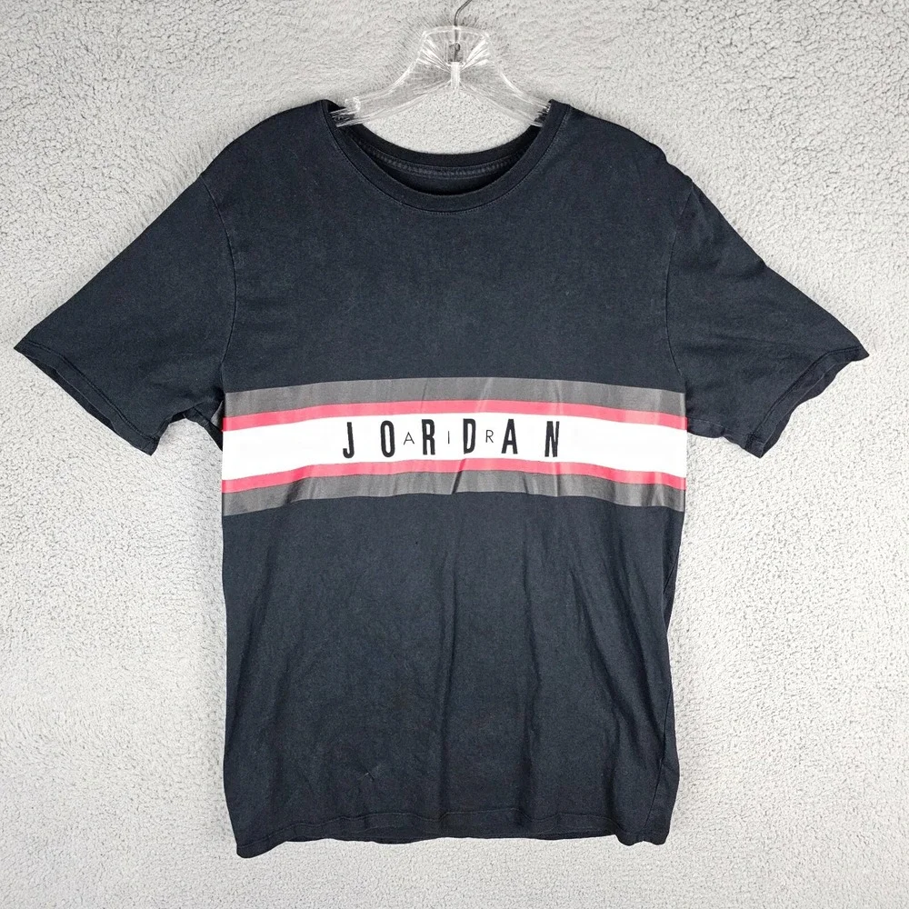 Jordan T-Shirt Mens L Black Air Jordan Basketball Short Sleeve Striped Logo
